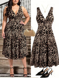 2026 New Plus-Size Women's Elegant Bohemian Print V-Neck Waist Pleated Knit Dress