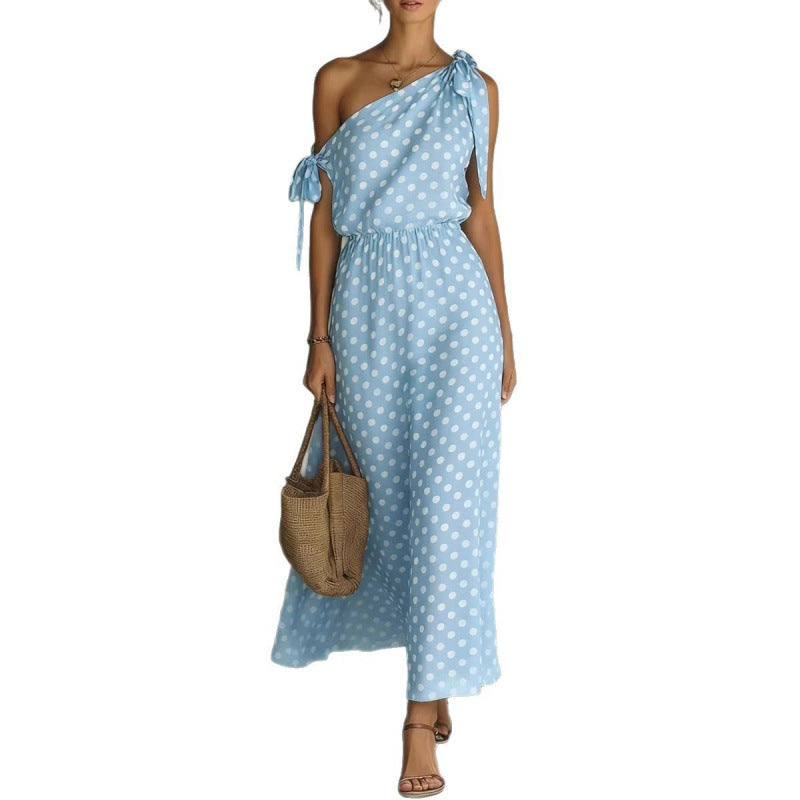Polka-dot Off-shoulder One-shoulder Womens Dress