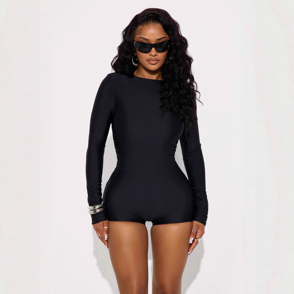 High-elastic Crewneck Long-sleeve Tight-fitting Casual Sports Jumpsuit