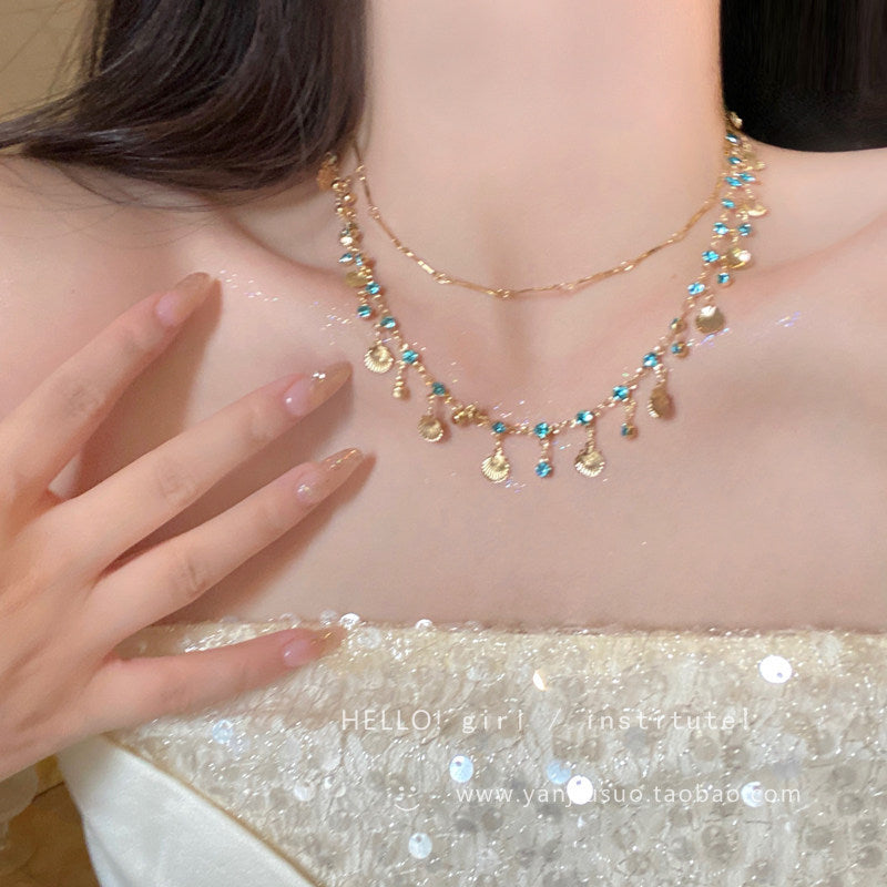Bohemian Double Layer Necklace With Blue Rhinestone & Shell Charms, Gold Plated Tassel Clavicle Chain, Summer Beach Jewelry