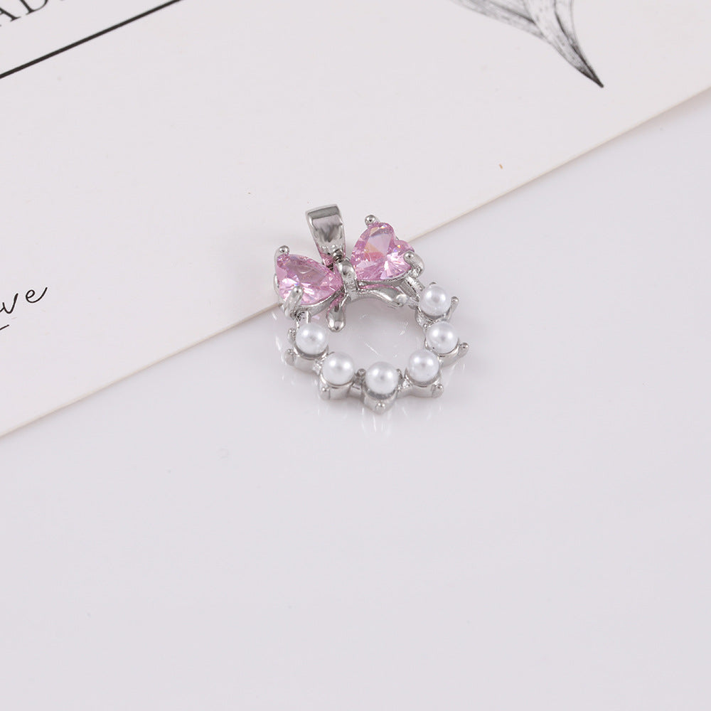 Sweet-style Bow-knot Heart Pendant With Pink Heart And Faux Pearl Circle Charm
