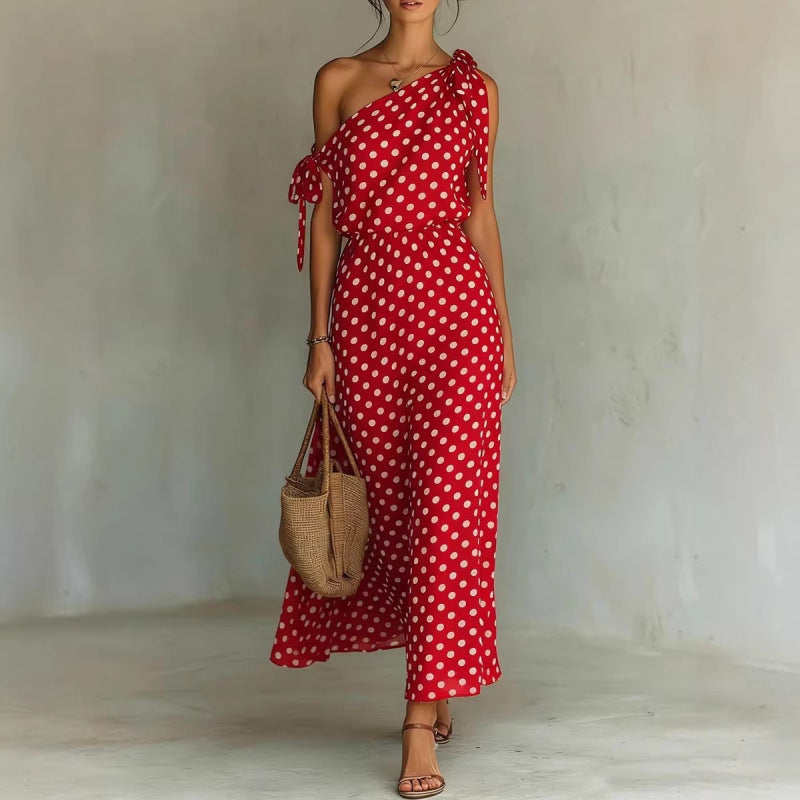 Polka-dot Off-shoulder One-shoulder Womens Dress