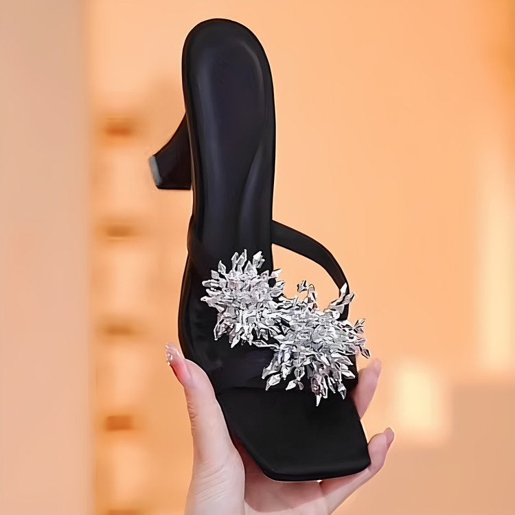 French Elegant Rhinestone High Heel Slide Sandals, 2026 New Fashion Outdoor Women Slippers