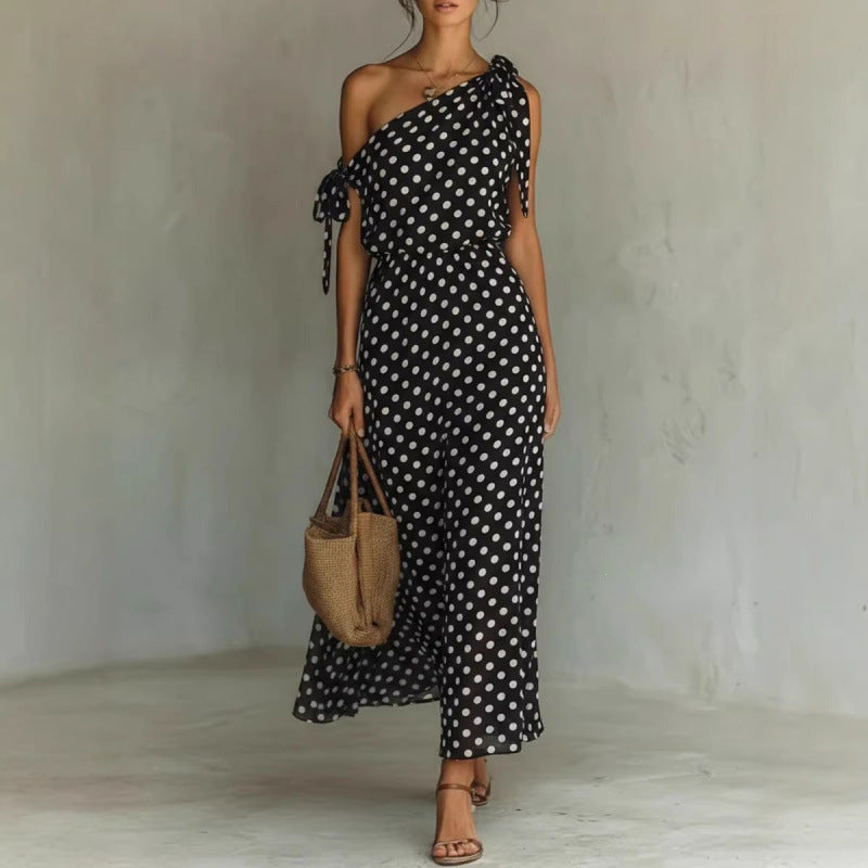 Polka-dot Off-shoulder One-shoulder Womens Dress