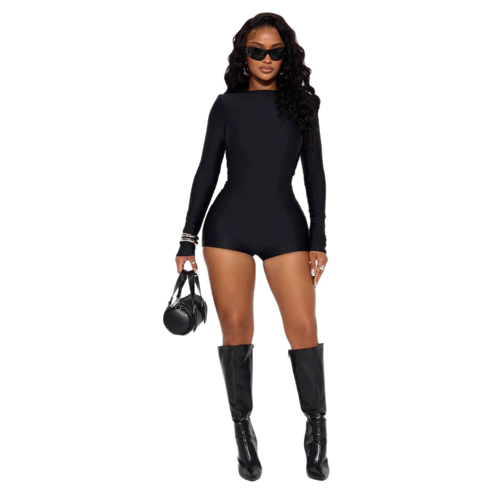 High-elastic Crewneck Long-sleeve Tight-fitting Casual Sports Jumpsuit