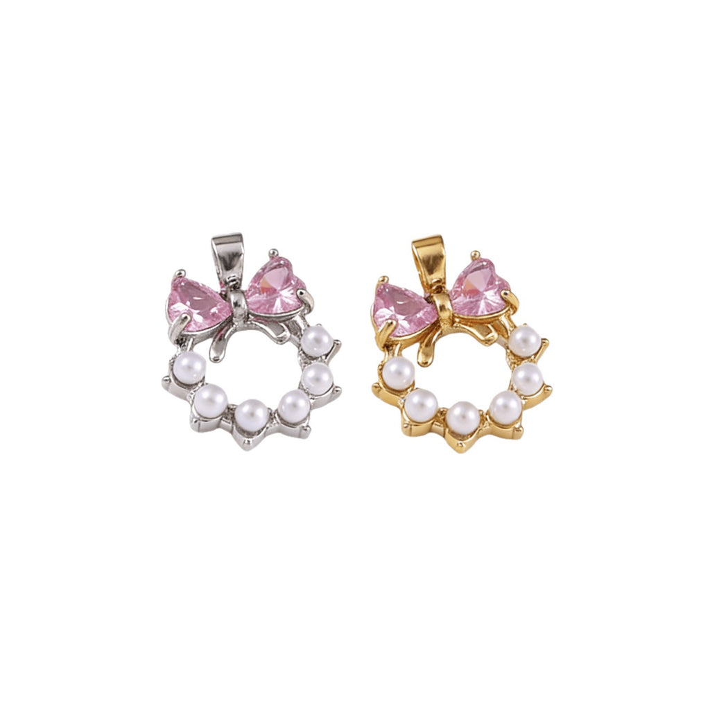 Sweet-style Bow-knot Heart Pendant With Pink Heart And Faux Pearl Circle Charm