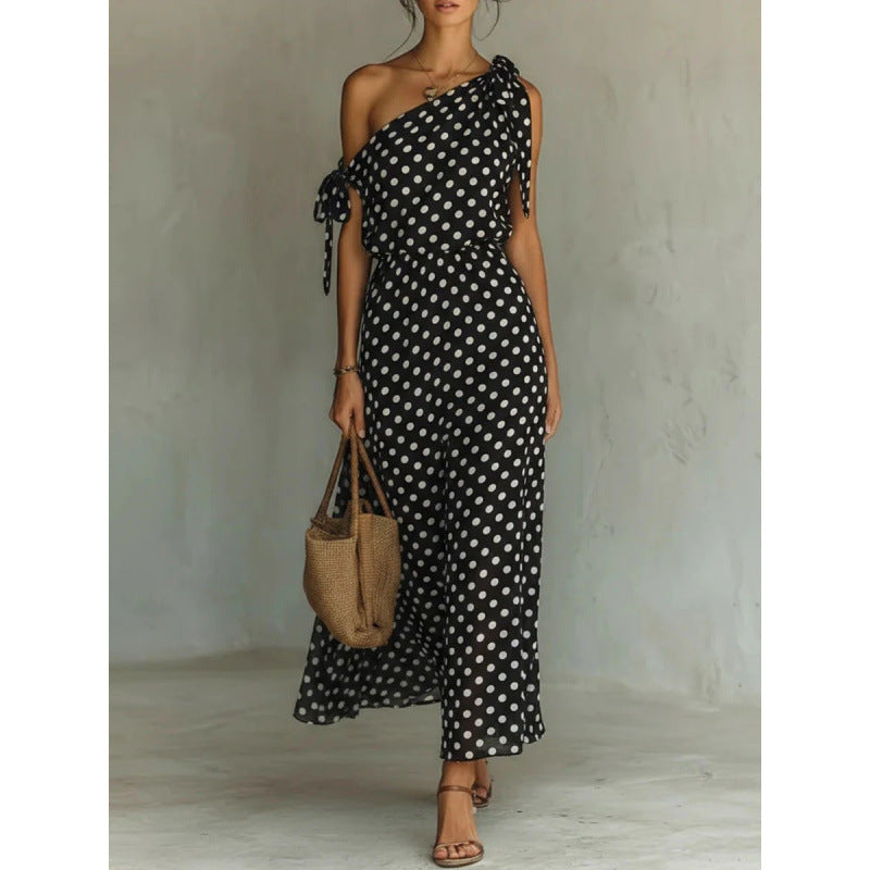 Polka-dot Off-shoulder One-shoulder Womens Dress