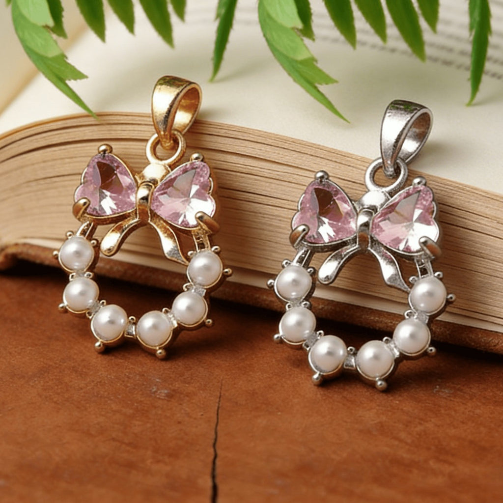 Sweet-style Bow-knot Heart Pendant With Pink Heart And Faux Pearl Circle Charm